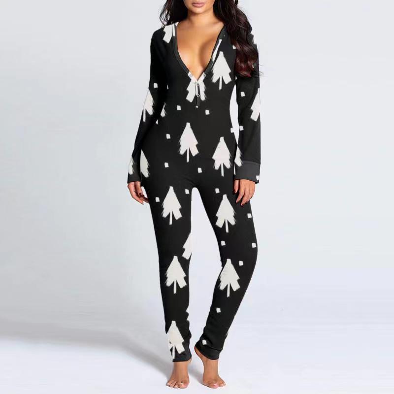 2023 Europäischer & Amerikanischer Weihnachten Langarm Knopfleiste Bedruckter Erwachsenen Jumpsuit