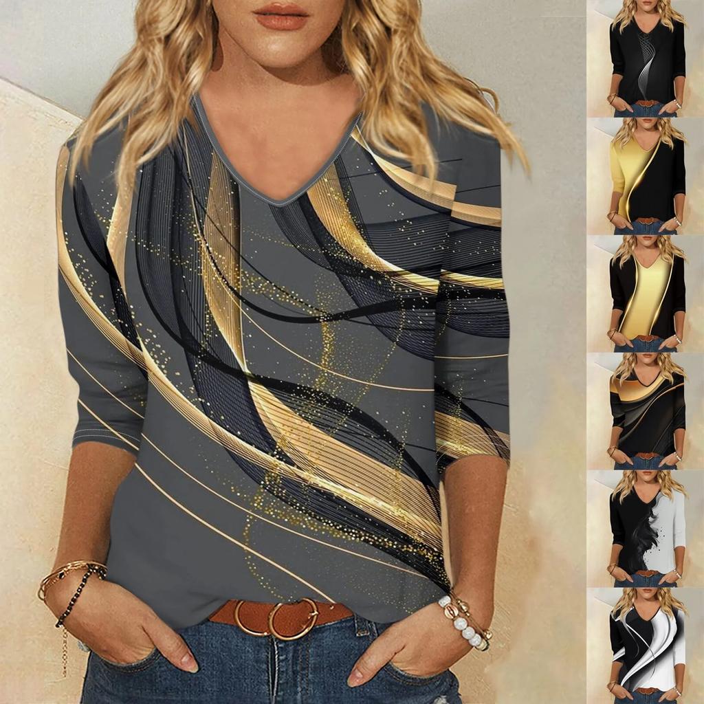 Shirt For Women'S Fashion Casual V Neck 3/4 Sleeve Loose Printed T-Shirt Ladies Top New Fashionable And Simple Women‘S 2024