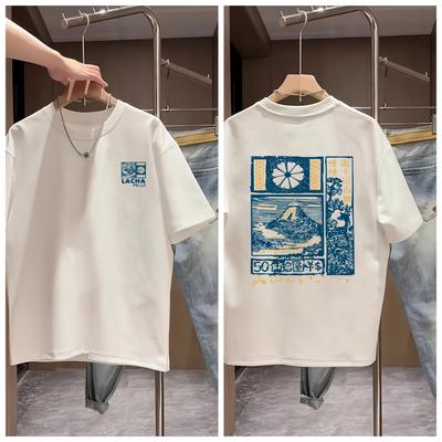 Letnia nowość 2026 Unisex Bawełniany Casualowy T-shirt z Krótkim Rękawem z Wzorem Kwitnącej Wiśni z Góry Fudżi