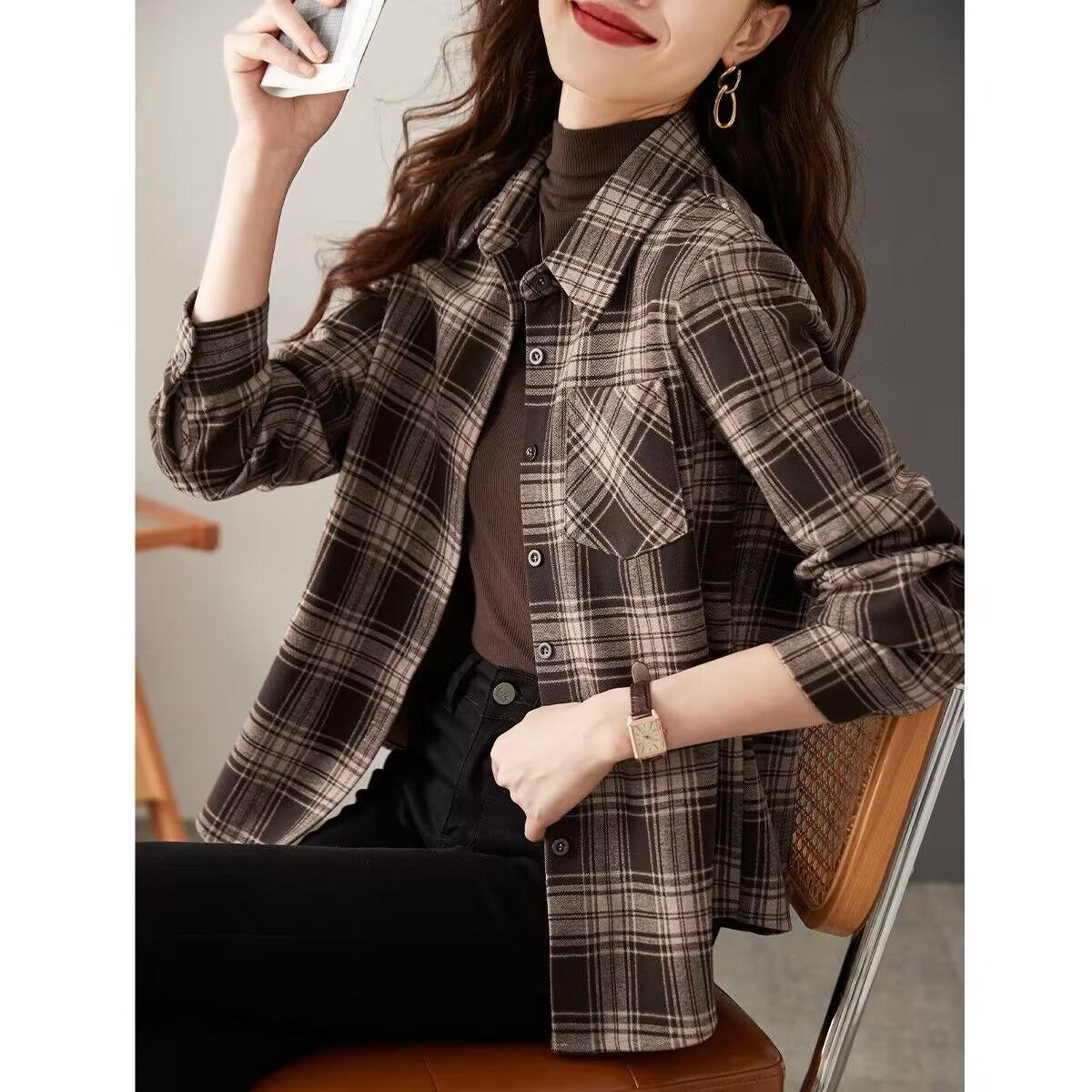 

Повседневная рубашка с длинными рукавами в клетку с мехом на весну, новый стиль, простая и универсальная клетчатая рубашка, куртка для женщин 2XL