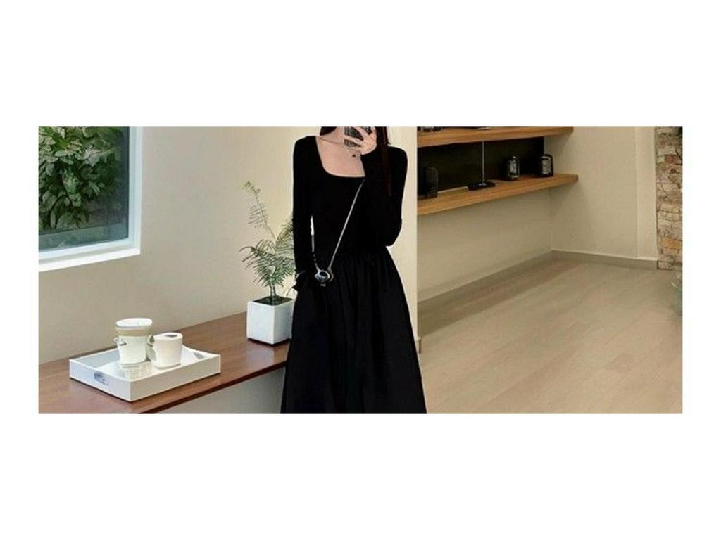 Elegant French A-line Long Dress - Women's Slimming Square Neck with Waist-Cinching Long Sleeves (Spring/Autumn 2025)