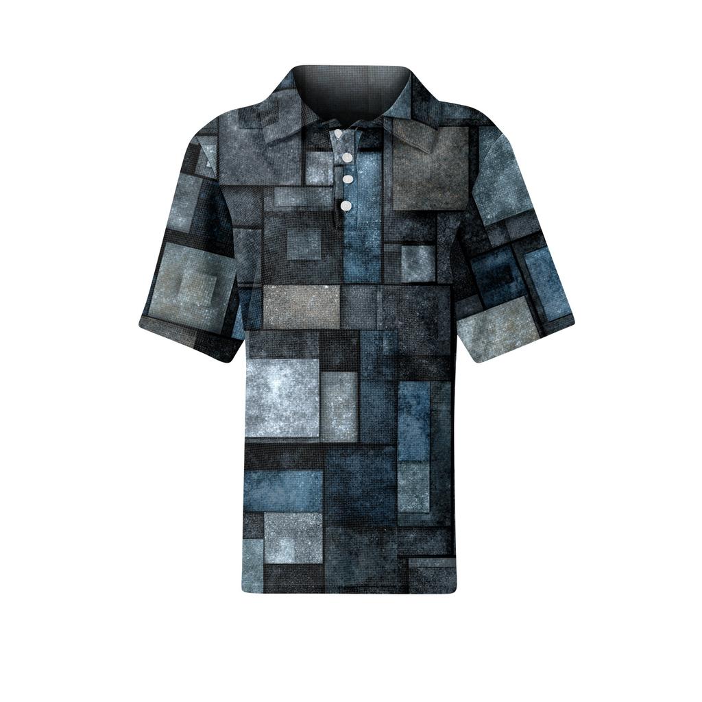 Womens Casual Short Sleeve Retro Floral Print Waffle Knit Polo Shirt Lightweight Button Down Top