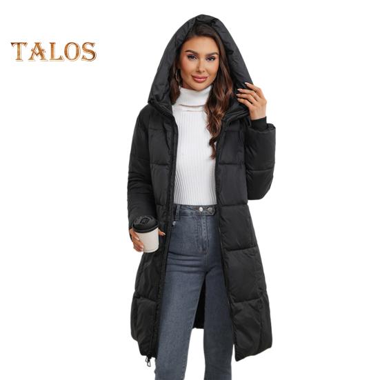 

Женская зимняя куртка с капюшоном, утолщенный пуховик, тонкая талия, застежка-молния, средняя длина, ветрозащитное хлопковое пальто для холодной погоды S чёрный