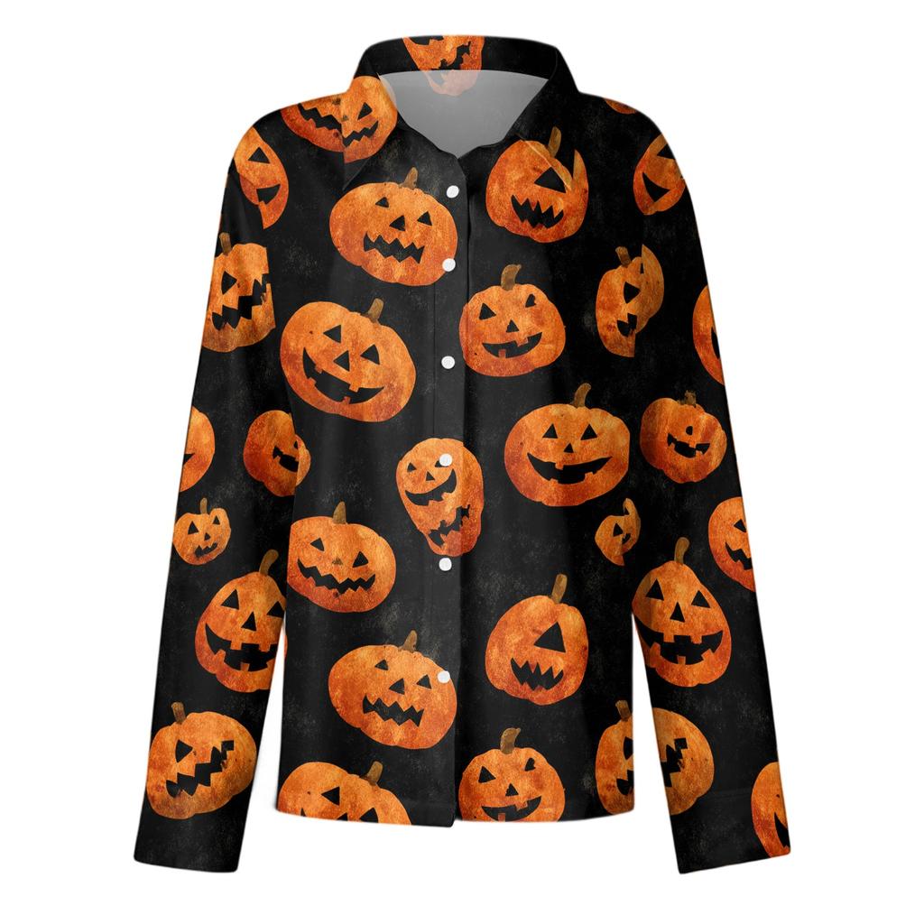 Women’s Halloween Print Button Down Long Sleeve Fit Shirt Turn Down Collar Top for Casual Daily Wear