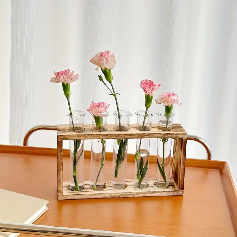 Creative Retro Hydroponic Green Plant Test Tube Vase Series Wooden Frame Vase Office Desktop Decoration Home Decoration