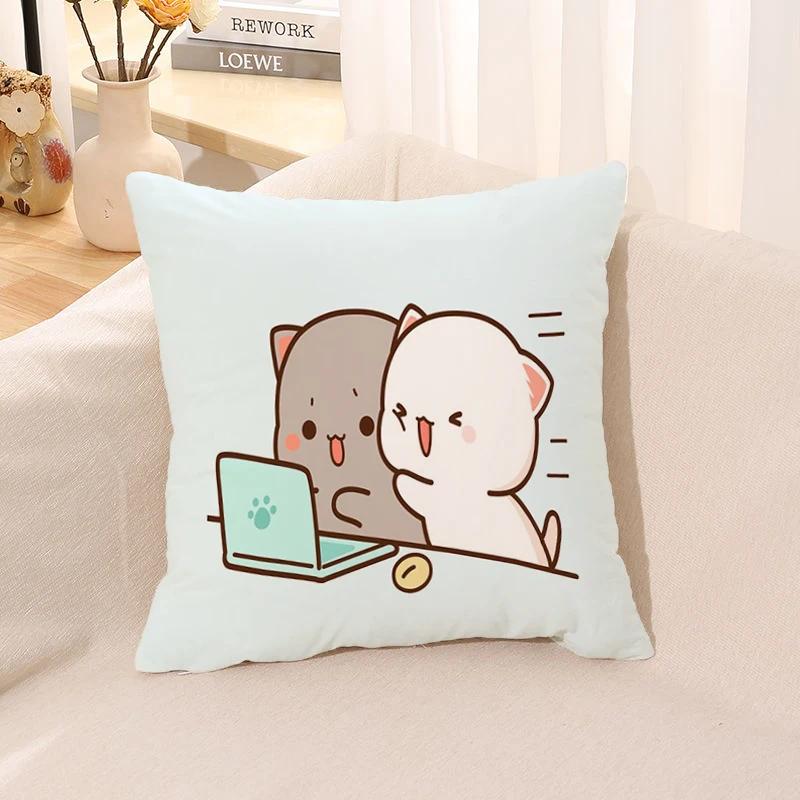 Pillow Cover Square Cushion for Bed Car Office Peach Mochi Cat Decorative Anime Room