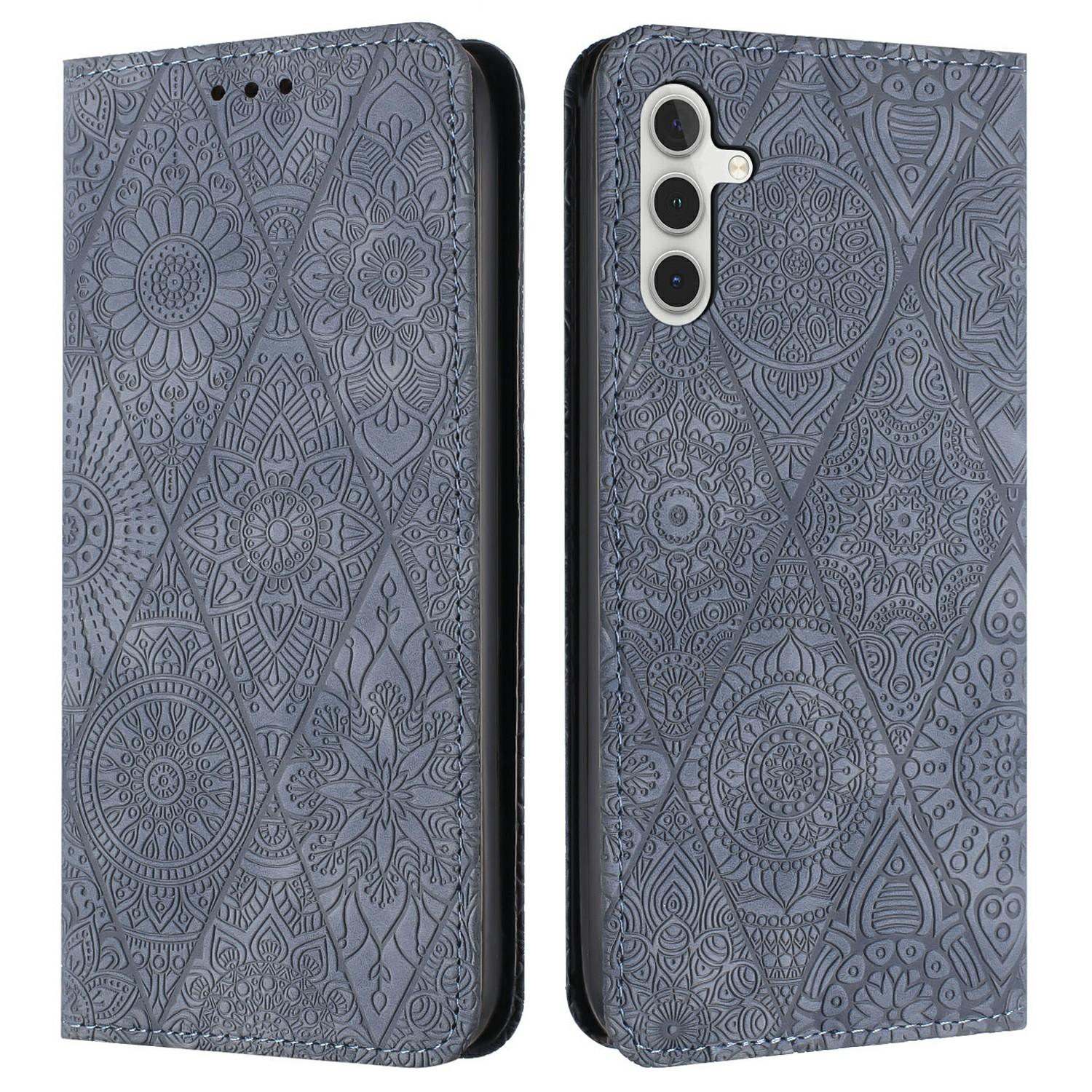 

For Samsung Galaxy A26 5G/A16 5G/A16 4G Case Imprinted Flower Wallet Stand Leather Phone Cover Grey