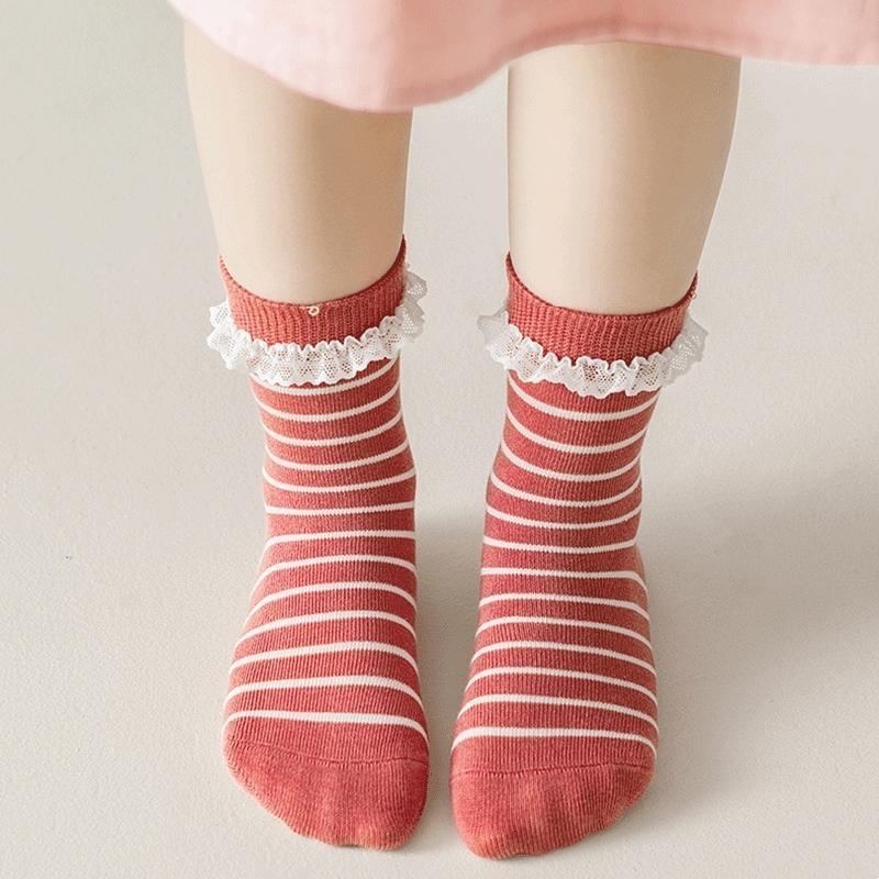 3Pairs/Set Kids Girls Socks Sweet Lace Bowknot Ruffle Socks Stripe Print  Socks Breathable Socks Autumn Spring