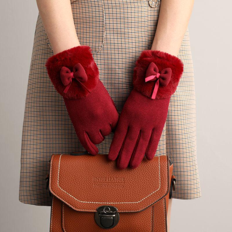 New Female Autumn Winter Non-Inverted Velvet Cashmere Full Finger Warm Lace Gloves Women Cotton Touch Screen Gloves G82