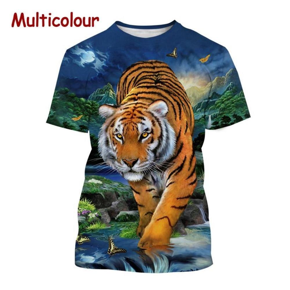 Hot-selling personalized fierce tiger 3D printed T-shirt, summer men's fashion, funny, cool, hip-hop animal short-sleeve top