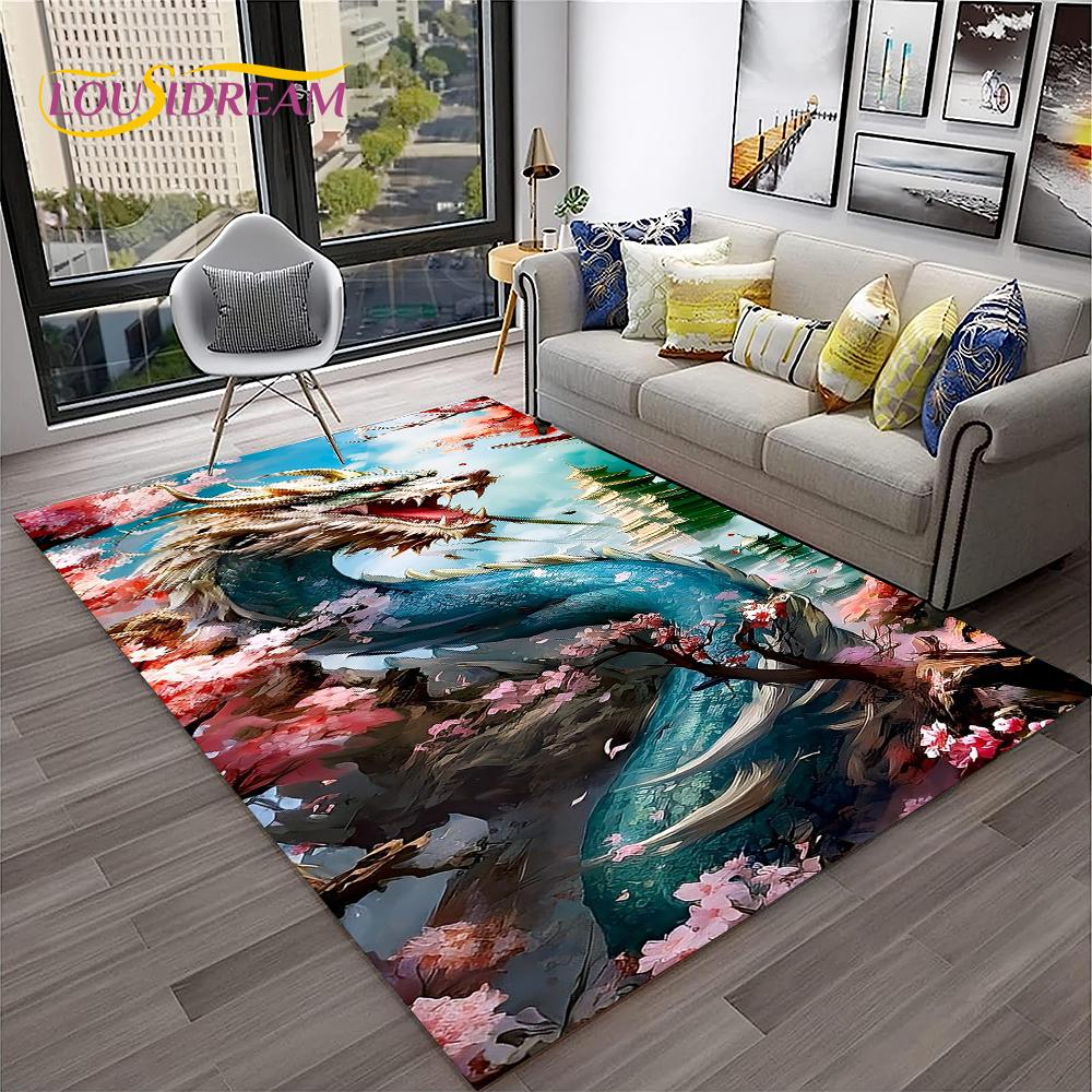 3D China Dragon Myth Art Cartoon Carpet Rug for Home Living Room Bedroom Sofa Doormat Decor,Kid Play Area Rug Non-slip Floor Mat
