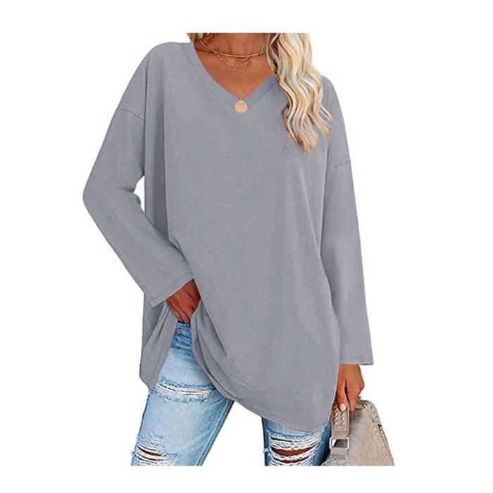 Super Large Multi-color Loose V-neck Women's T-shirt with Drop Shoulder Sleeves