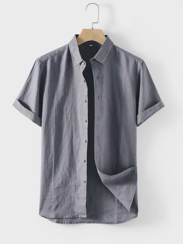 Men's Short-Sleeve Linen Shirt - Summer Casual Loose Fit with Lapel Collar, Cotton and Linen Blend, Plus Size Available
