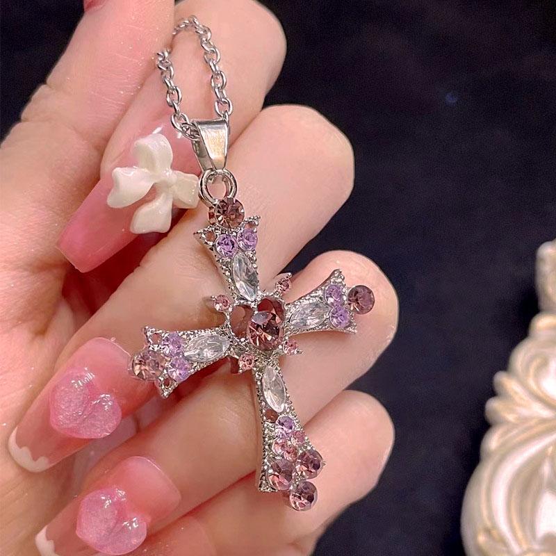 Zircon Cross Necklace Pink Purple Love Heart Cross Pendant Necklaces for Women Gothic Jewelry Party Girls Accessories
