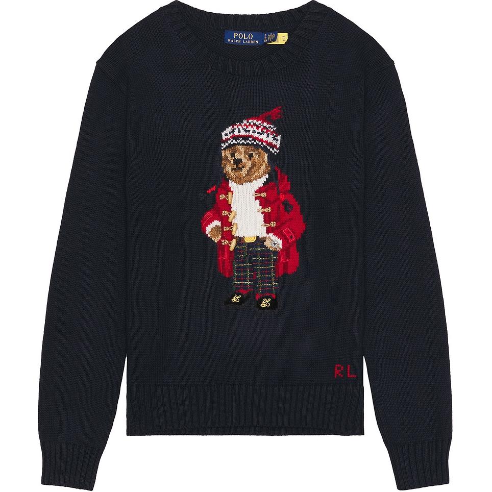 Polo Ralph Lauren Cartoon Pattern Letter Crew Neck Long Sleeve Pullover Sweater Men Sweater Navy-Blue 710952384-001