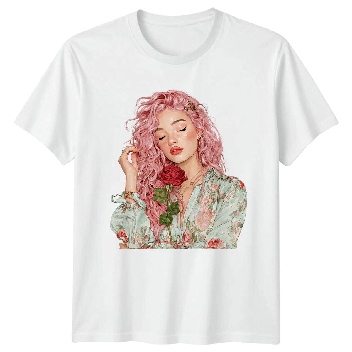 Pink Hair Rose Flower Womens T-Shirt Mens Tee Graphic Unisex Top XXXL