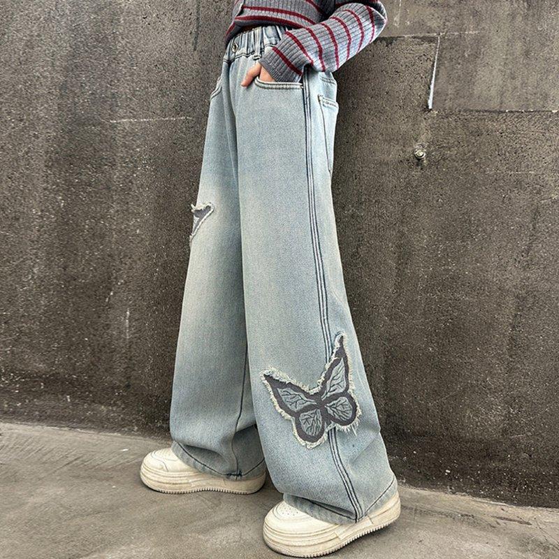 5-13 Years Kids Girls Loose Pants Butterfly Embroidered Casual Wide-Leg Jeans