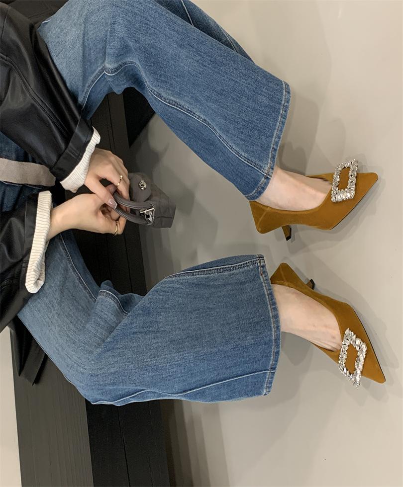 Temperament high heels black professional low heel 2025 spring and summer new pointed head shallow mouth square rhinestone thin heel single shoes gram