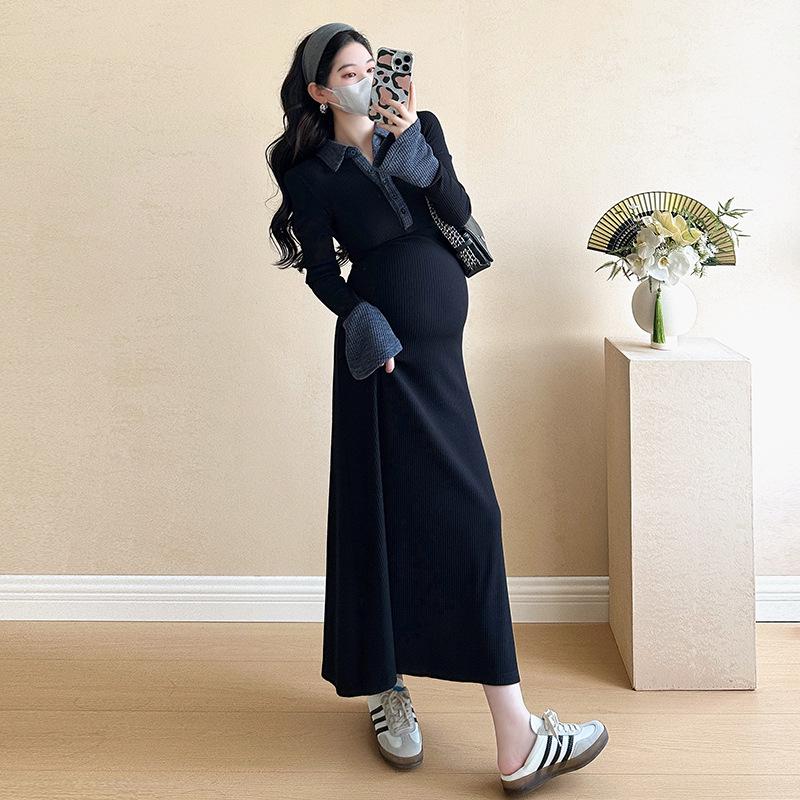 2026 Spring Maternity Slim Fit Knit Maxi Dress for Expecting Mothers M