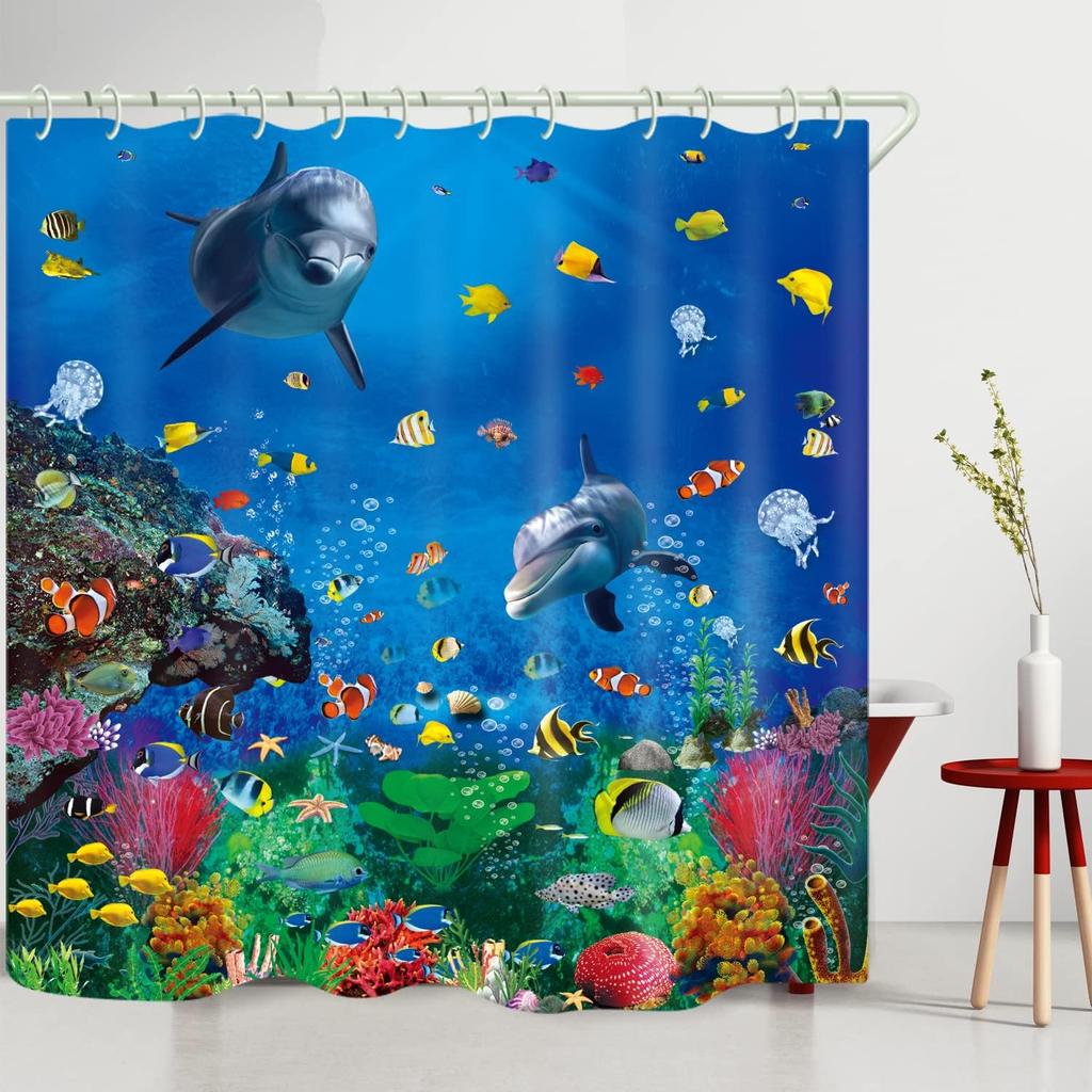 Bathroom Underwater World 3D Shower Curtain, Deluxe Standard Bathtub Shower Curtain, Waterproof Washable Fabric Shower Curtain, with 12 White Hooks,