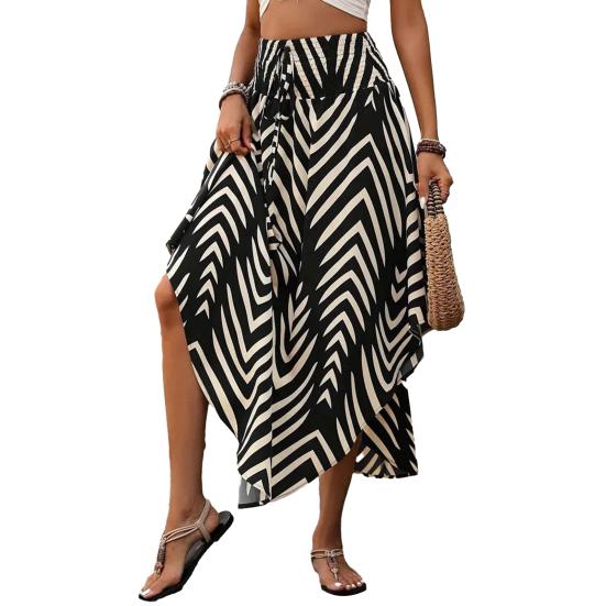 Boho Style Maxi Skirt Adjustable Drawstring High-Waisted Printing Skirt Flowy Large Hem A-Line Skirt Daily Wear