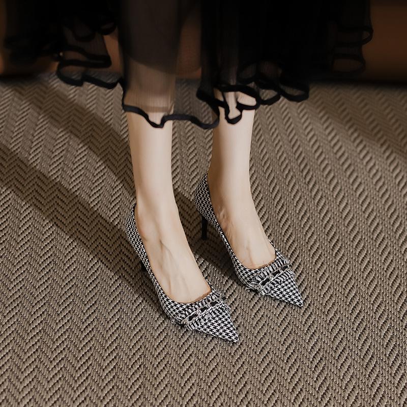 Huizhou Spring Thousand Bird Grid Shoes Spring Women's High Heels Women's Fine Heels High-end Leather Single Shoes Women