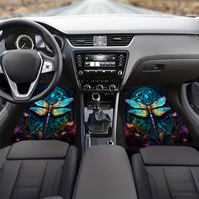 4pcs Dragonfly Pattern Printed Car Floor Mats - Universal Front And Rear Full Coverage Interior Decoration Additions, Suitable for Sedans, Vans