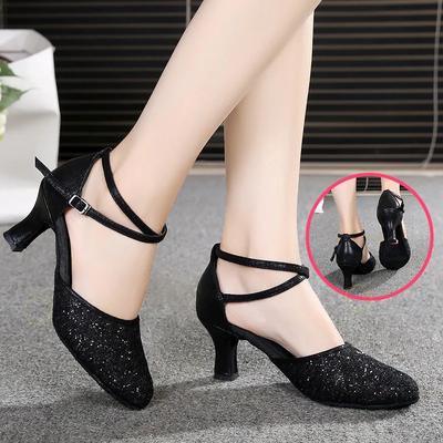 Fashion Modern Dance Shoes for Women, Latin Dance Shoes with Sequin Flash Mesh Upper Soft Suede Bottom and High Heels Black Shoes
