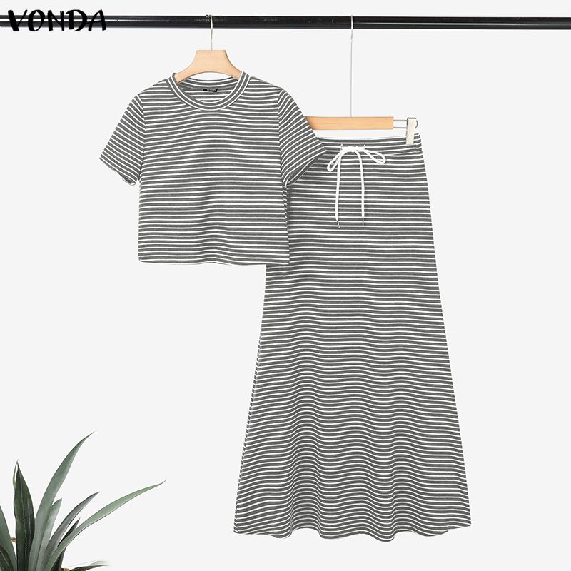 VONDA Two Pieces Women Sets Striped Short Sleeve Crop Tops and Long Skirts Outfits 