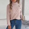Women's Fashion Casual Loose Button Turtleneck Solid Color Long Sleeve Sweater Pullover Top