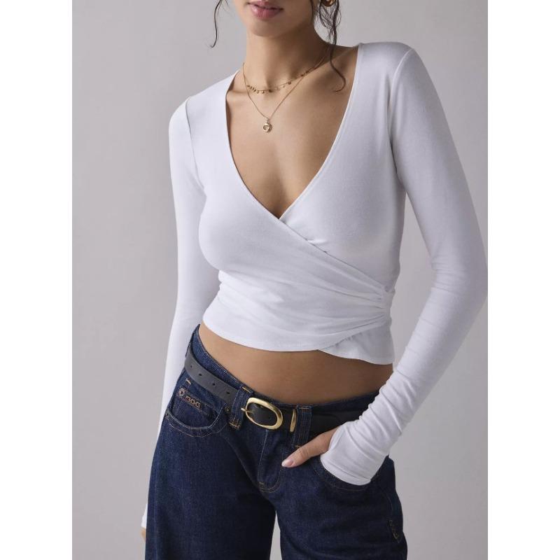 Women Cross Wrap Waist Cinching V Neck Long Sleeve Slim Fit T Shirt