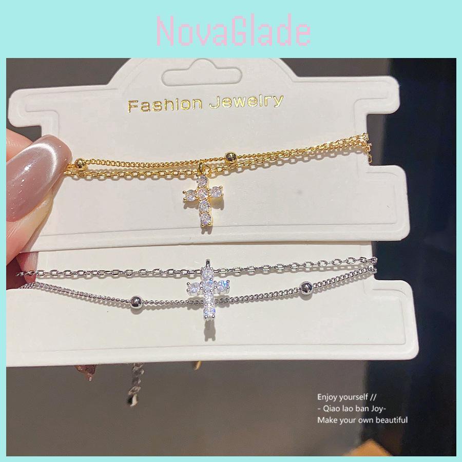 18k Goldplated Cross Hand Chain With Zircon Decor For Elegant Female Accessories