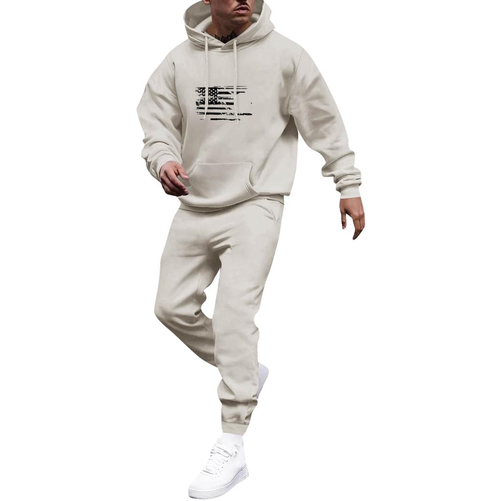 Men's Solid Color Flag Print Hooded Universal Versatile Hooded Sweatshirt Sweatpants Casual Sports Suit