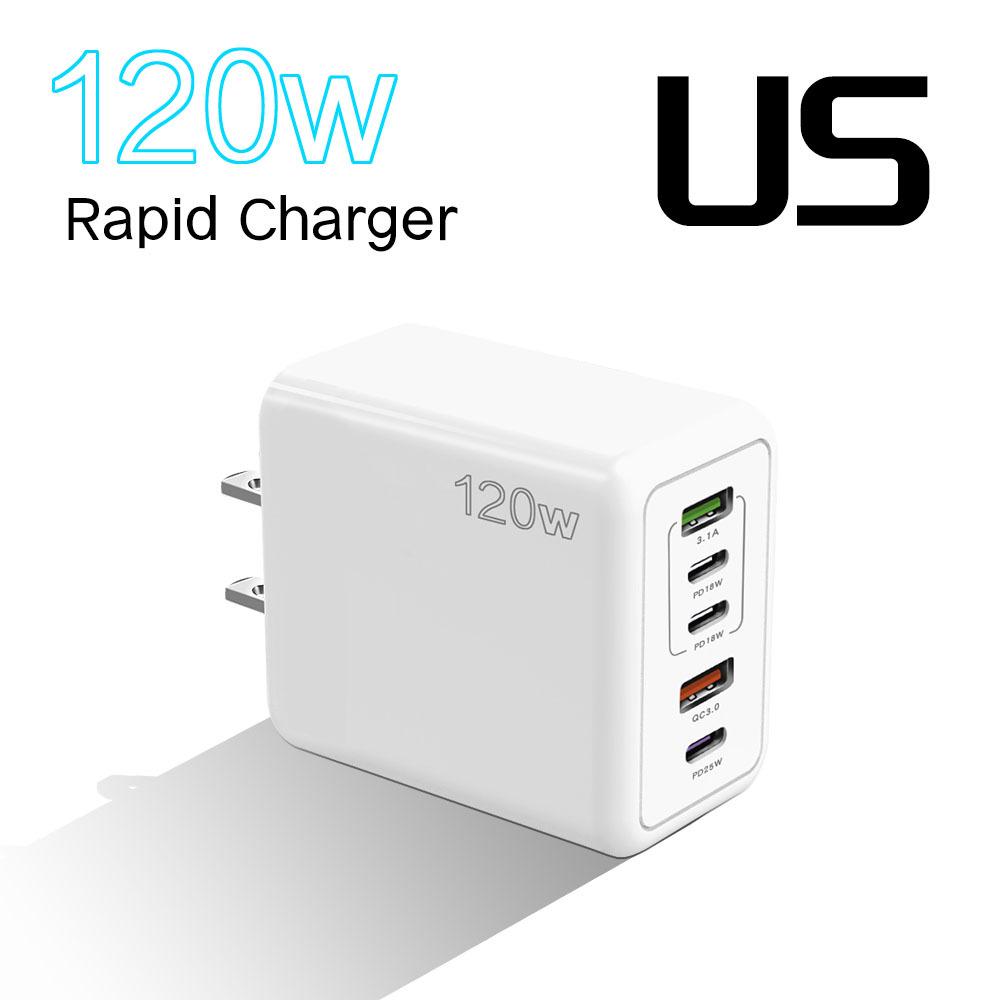 PD 120W Mobiles Ladegerät: 5V/2.4A Mehrfachport-Adapter mit PD und 3 USB für EU, USA und UK