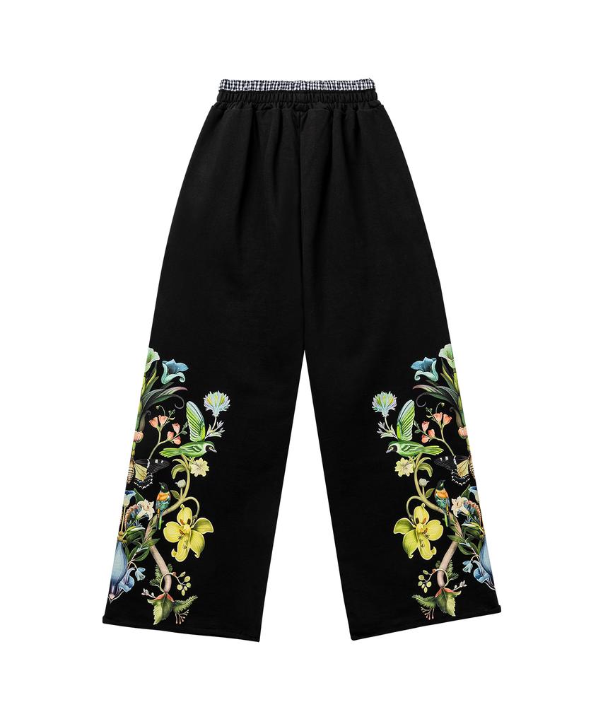 Tusyesongjeu Black Flower Print Wide Jogger Pants
