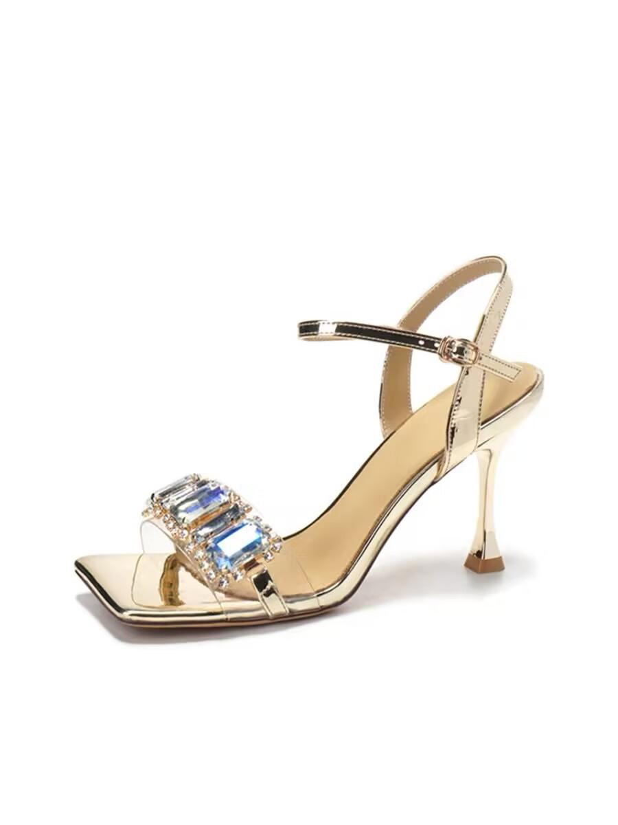 

Одно слово со стразами золотистого цвета квадратные босоножки женские с открытым носком сексуальные сверкающие туфли на высоком каблуке лето 2024 года с юбкой на каблуке 34 шампанского