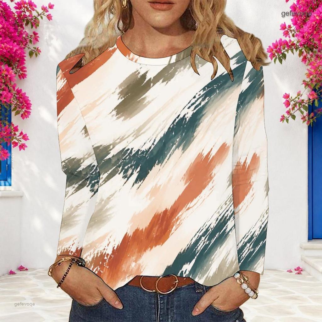 Women Plus Size Round Neck Long Sleeve Tie Dye Striped Printed Pullover Sweatshirt