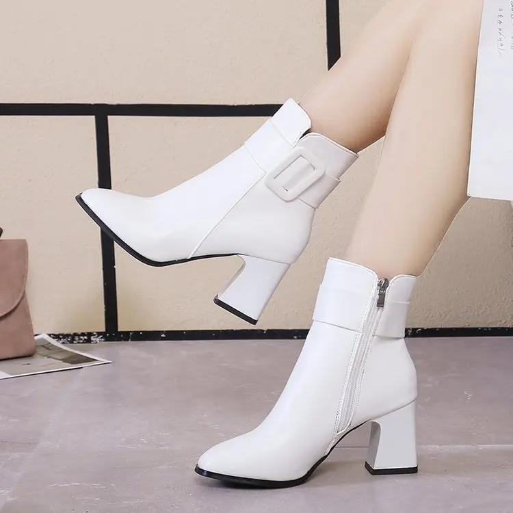 White Black Thick High Heel Ankle Boots Women 2026 Pointed Toe Keep Warm Elegant Short Booties Ladies Ankle Buckle Decoration