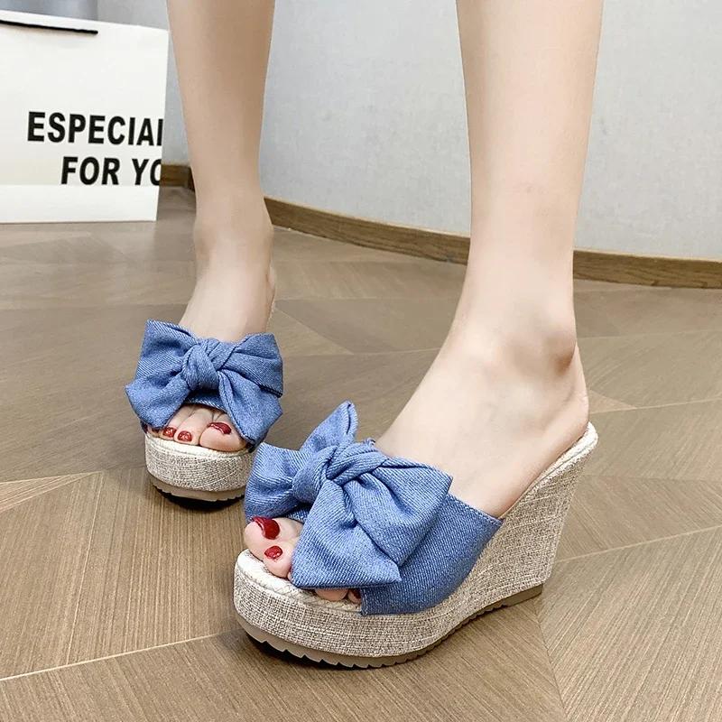 Women Fashion Casual Party Club Shoes Bowknot Design Platform Wedge Slippers Sandals Women Summer Fashion Flip Flops