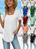 Summer Women's Pleated Square Neck Solid Color Loose Short Sleeve T-Shirt Top