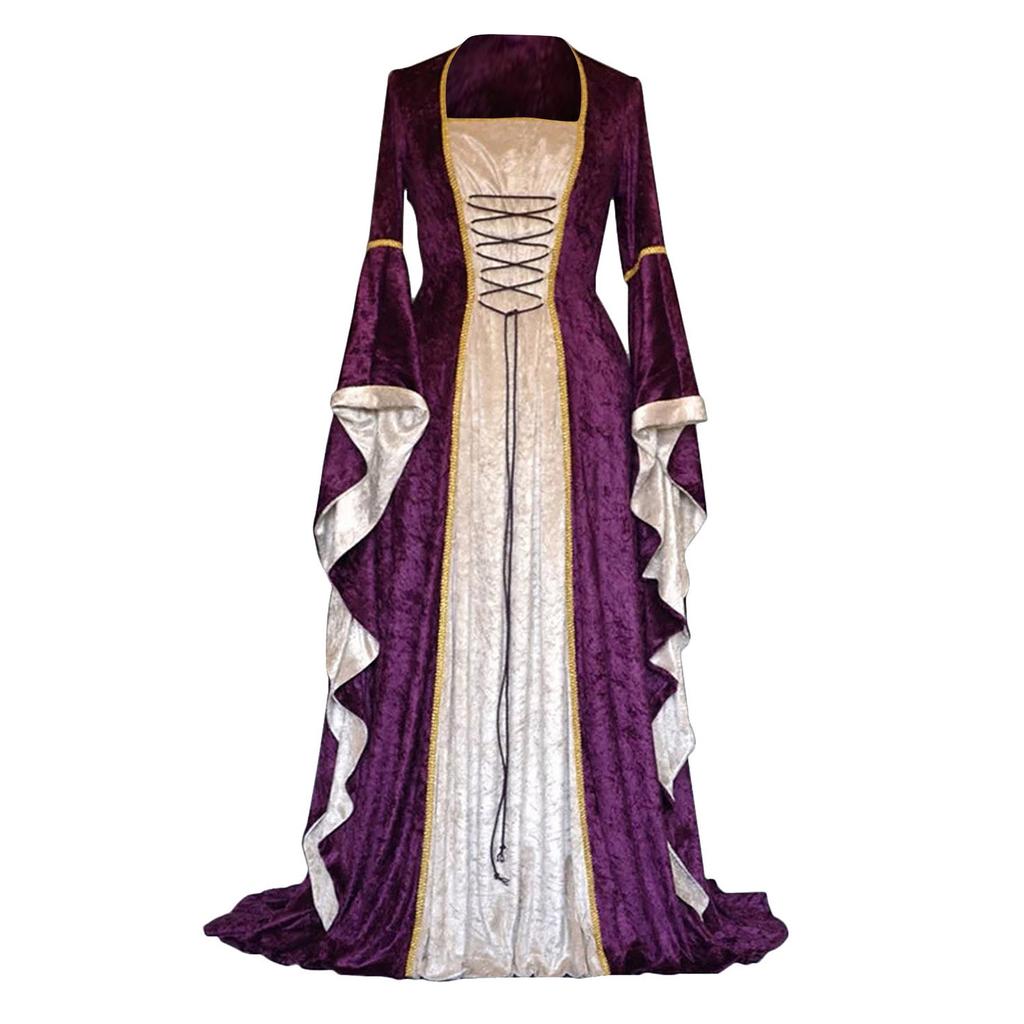 Halloween Women Plus Size Medieval Retro Court Princress Cosplay Costume Long Dress Elegant Witch Square Collar Masquerade