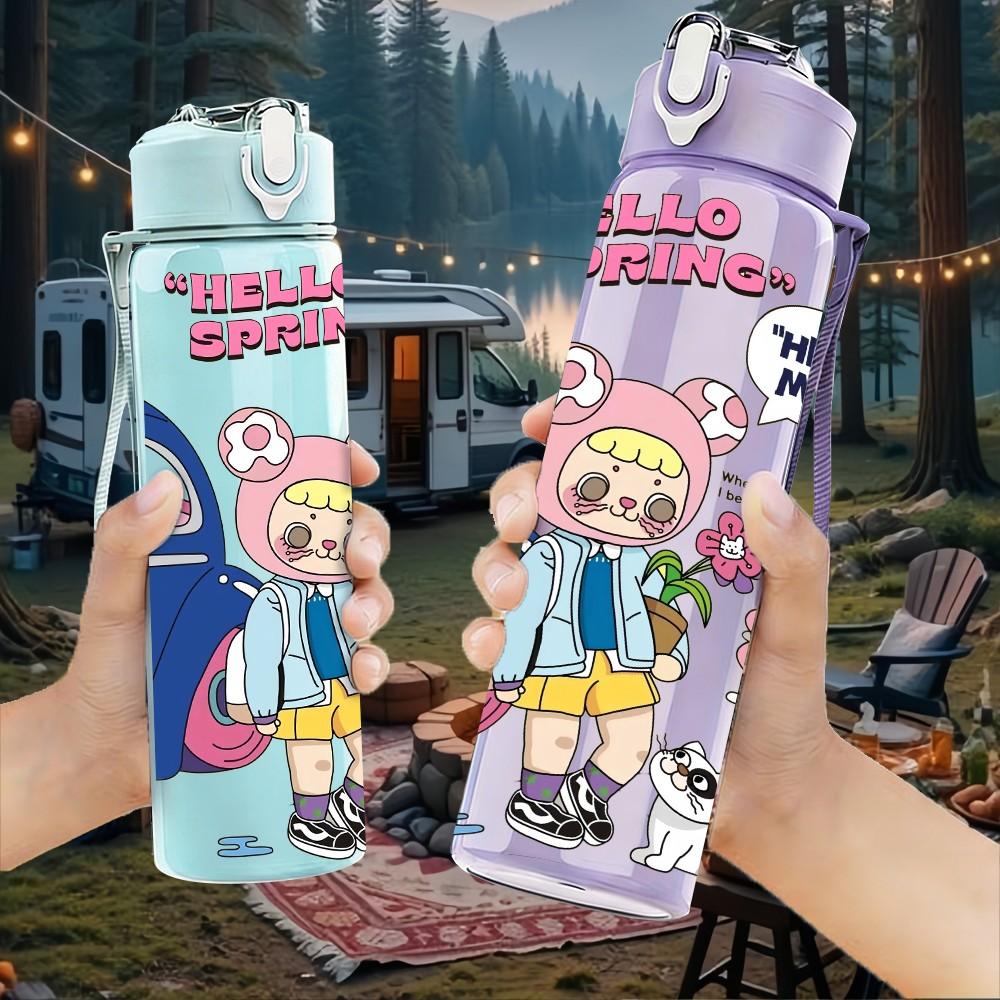 1PC Cute Girl Letter Doodle 750ml Color Plastic Sports Water Bottle Leakproof Flip Straw Lid Suitable for Sports Office Home Use
