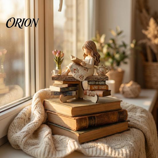 Warm Home Decor Accent Piece Wooden Reading Girl Figurine, Stable Pastoral Style Statue Desktop Artistic Ornament for Shelves Decor, Healing Ornament,