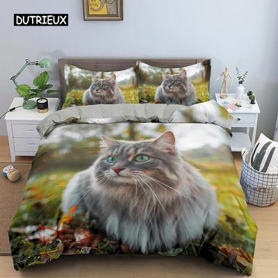 Juego de Funda Nórdica con Patrón de Animales 3D Lindo Patrón de Gato Juego de Cama Funda de Edredón de Poliéster Tamaño King Twin Individual Textil para el Hogar Gatito