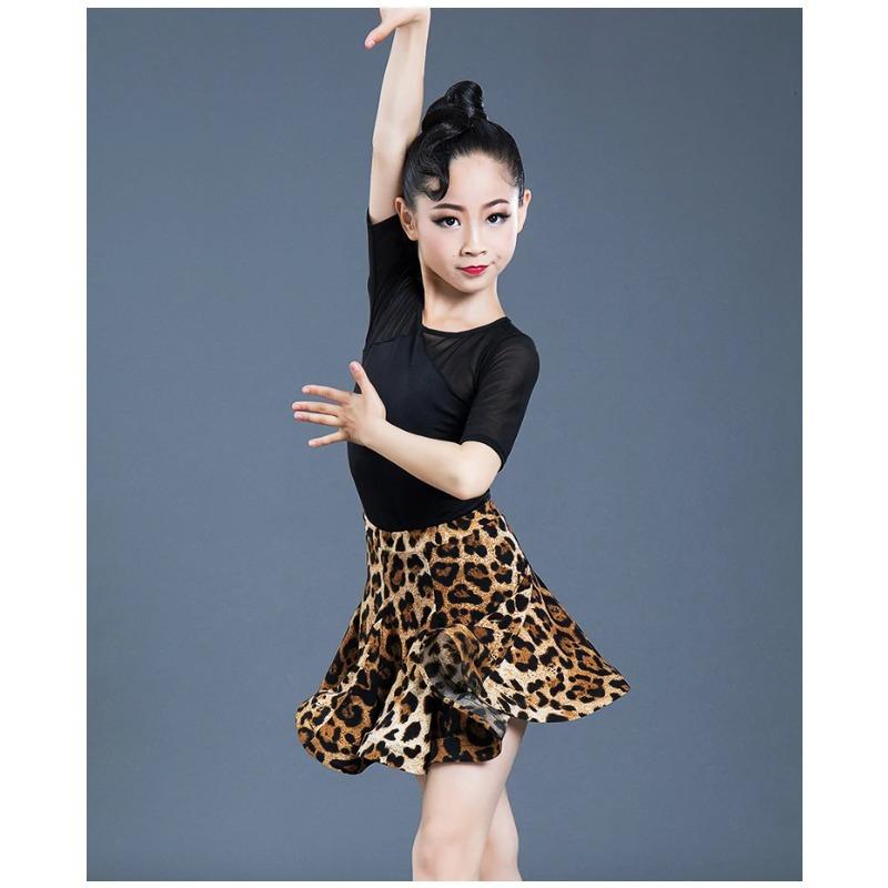 Vestito Latino per Bambini Abiti da Pratica Leopardo Latino Performance per Donne Ragazze Spandex Grembiule da Danza per Gara Esame