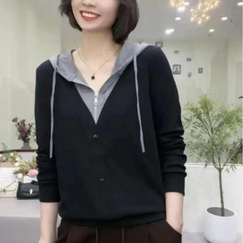 Spring Autumn Fake Two Pieces Casual Fashion Hoodies Women Patchwork All-match Zipper Pullover Hooded Top