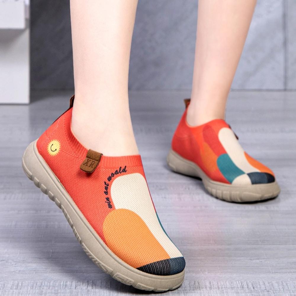 Ladies' Thick Soled Painted Cloth Shoes, Women's Casual Flyknit Thick Soled Single Shoes, Breathable Soft Soled Shoes