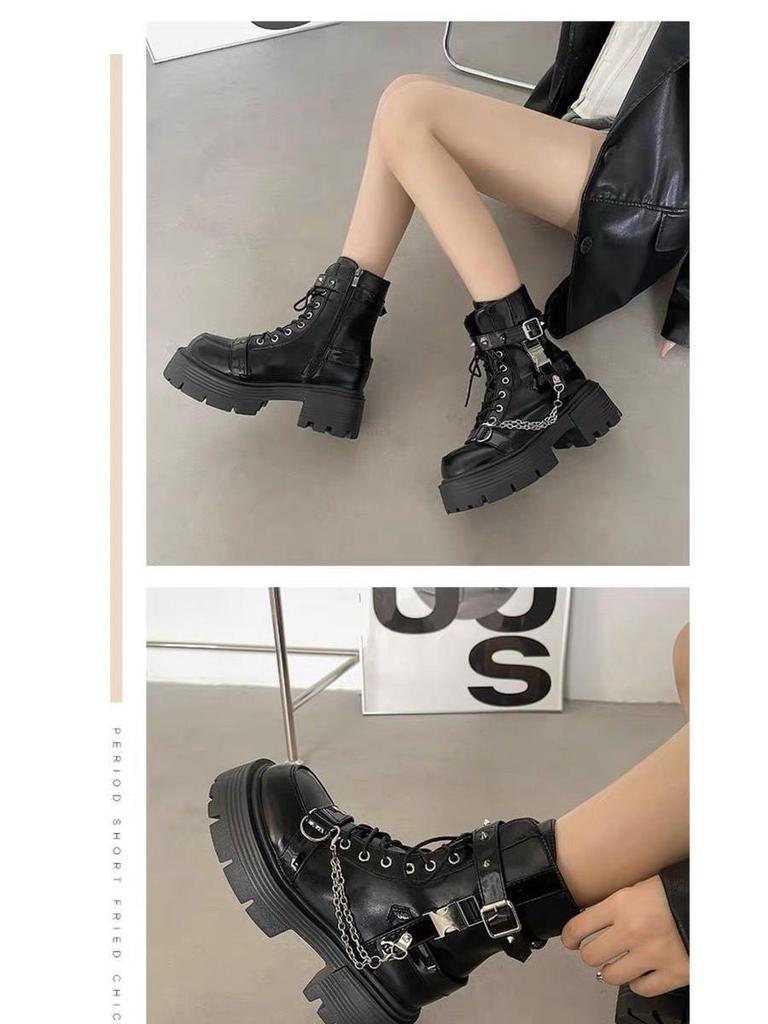 Women's Spring 2025 Black Thick-Soled Martin Boots: Height-Increasing, Versatile, Trendy British Style Ankle Motorcycle Boots
