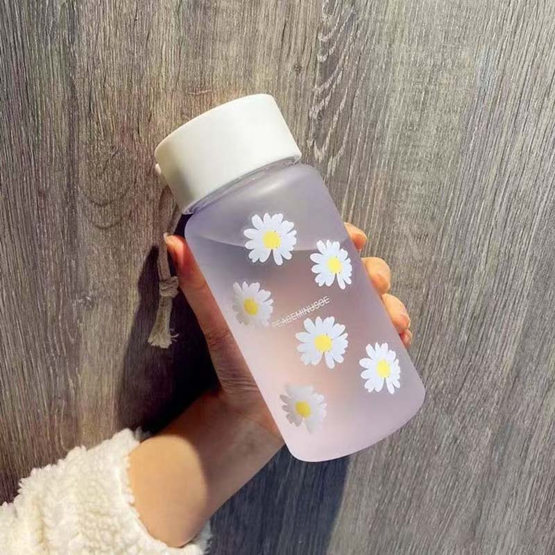 Daisy Pattern Plastic Tumbler with Non-Slip Lid, 401-500ml Shatterproof Water Bottle for School Gym Travel - Frosted/Transparent