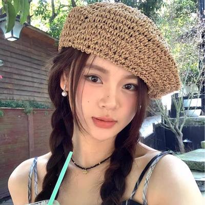 1pc Retro Summer Sun Beret Cap for Women,ins Popular Straw Straw Weaving Beret Hat for Women French Spring Summer Retro Cool Cap